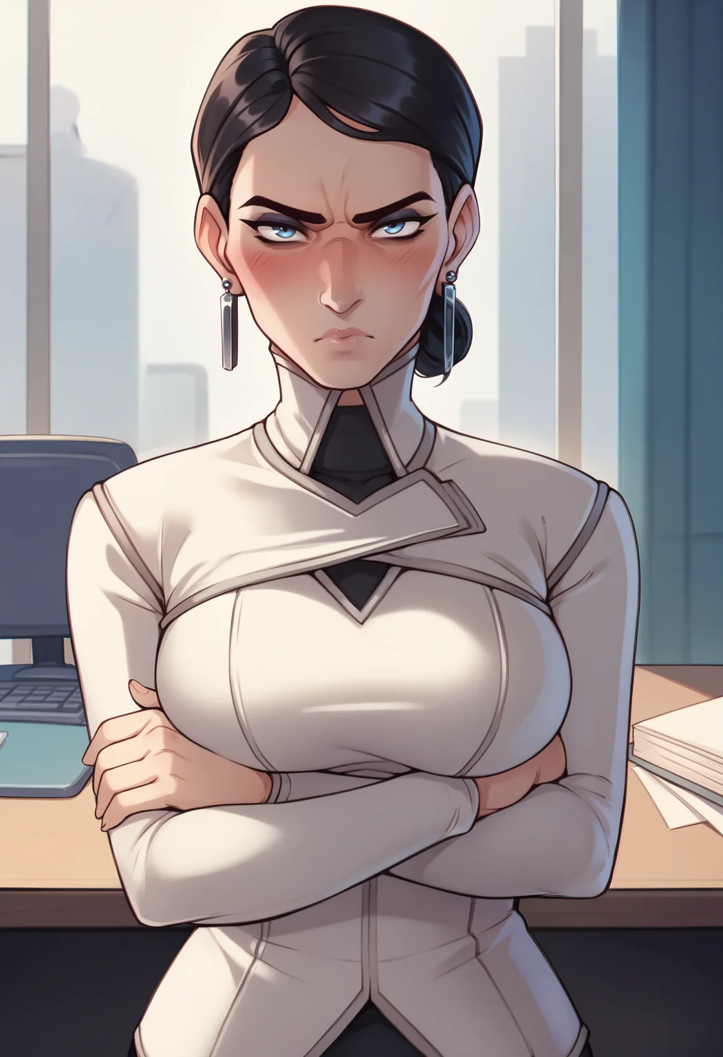 score_9, score_8_up, score_7_up, score_6_up BREAK 1girl, solo, mature female, <lora:volskayaOW-ponyxl-beta3-10:1.0>, volskayaOW, single hair bun, makeup, nose, looking at viewer, desk, office, white clothes, grey trim, turtleneck, earrings, large breasts, indoors, blush, v-shaped eyebrows, scowl, parted lips, black hair, skin tight, impossible clothes, chromatic aberration, crossed arms, arms under breasts,