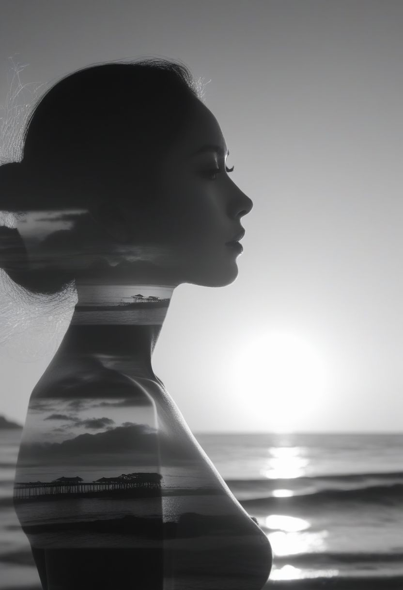 high quality, 8K Ultra HD, A beautiful double exposure that combines an goddess silhouette with sunset coast, sunset beach should serve as the underlying backdrop, with its details incorporated into the goddess , crisp lines, The background is monochrome, sharp focus, double exposure, by yukisakura, awesome full color, the scene  nide the lady's body