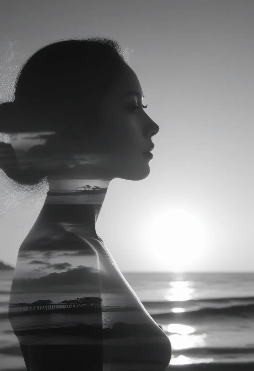 high quality, 8K Ultra HD, A beautiful double exposure that combines an goddess silhouette with sunset coast, sunset beach should serve as the underlying backdrop, with its details incorporated into the goddess , crisp lines, The background is monochrome, sharp focus, double exposure, by yukisakura, awesome full color, the scene nide the lady's body