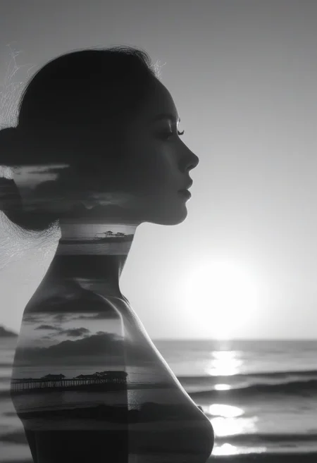 high quality, 8K Ultra HD, A beautiful double exposure that combines an goddess silhouette with sunset coast, sunset beach should serve as the underlying backdrop, with its details incorporated into the goddess , crisp lines, The background is monochrome, sharp focus, double exposure, by yukisakura, awesome full color, the scene  nide the lady's body