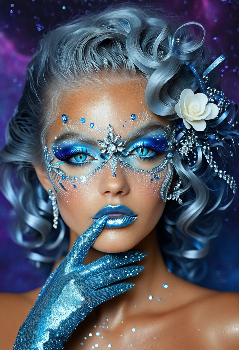 Close-up portrait of a glamorous woman, Artistic avant-garde makeup with dramatic lashes, Rhinestones and crystals enhance glowing eyes, Wavy silver hair adorned with flowers and ribbons, Shimmering blue metallic eyeshadow on flawless skin, Luminous metallic silver gloss on lips, Tanned skin dusted in ultra-fine glitter, Jeweled bracelet on wrist, Manicured hand in lace gloves touches neck, Background features purple nebula, Studio fashion photography in ultra-detailed style,