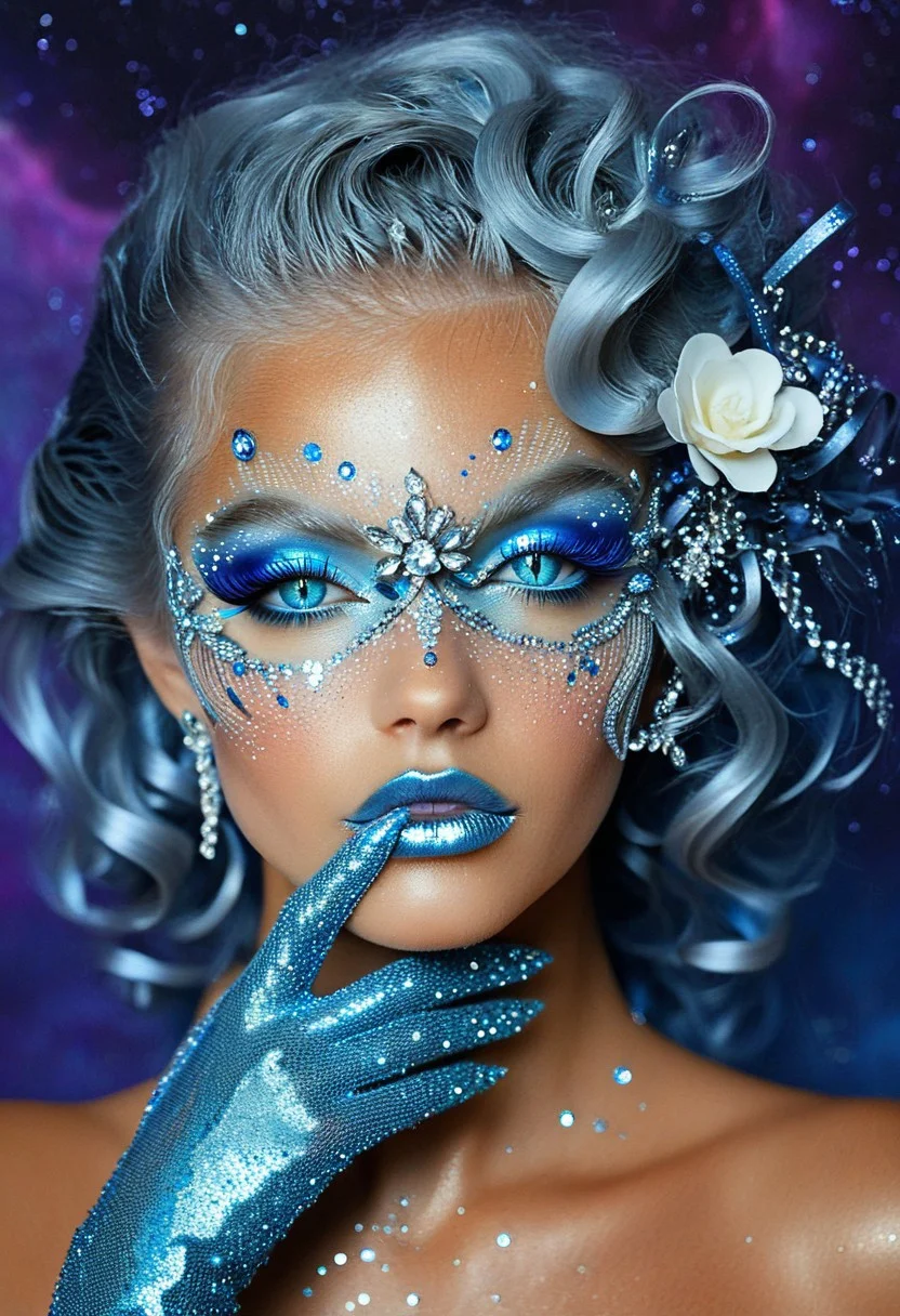 Close-up portrait of a glamorous woman, Artistic avant-garde makeup with dramatic lashes, Rhinestones and crystals enhance glowing eyes, Wavy silver hair adorned with flowers and ribbons, Shimmering blue metallic eyeshadow on flawless skin, Luminous metallic silver gloss on lips, Tanned skin dusted in ultra-fine glitter, Jeweled bracelet on wrist, Manicured hand in lace gloves touches neck, Background features purple nebula, Studio fashion photography in ultra-detailed style,