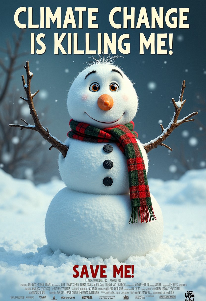 a movie poster of a Cuddly snowman with patchy large a green and red checked wool scarf and a floppy snow and big round eyes make it irresistibly cute in a beautiful highly saturated dynamic image with the title "CLIMATE CHANGE IS KILLING ME!" featuring text "SAVE ME!" mvpstrCE style