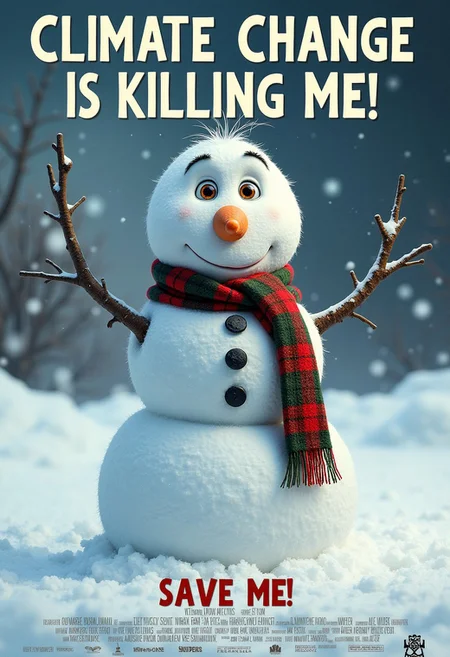 a movie poster of a Cuddly snowman with patchy large a green and red checked wool scarf and a floppy snow and big round eyes make it irresistibly cute in a beautiful highly saturated dynamic image with the title "CLIMATE CHANGE IS KILLING ME!" featuring text "SAVE ME!" mvpstrCE style