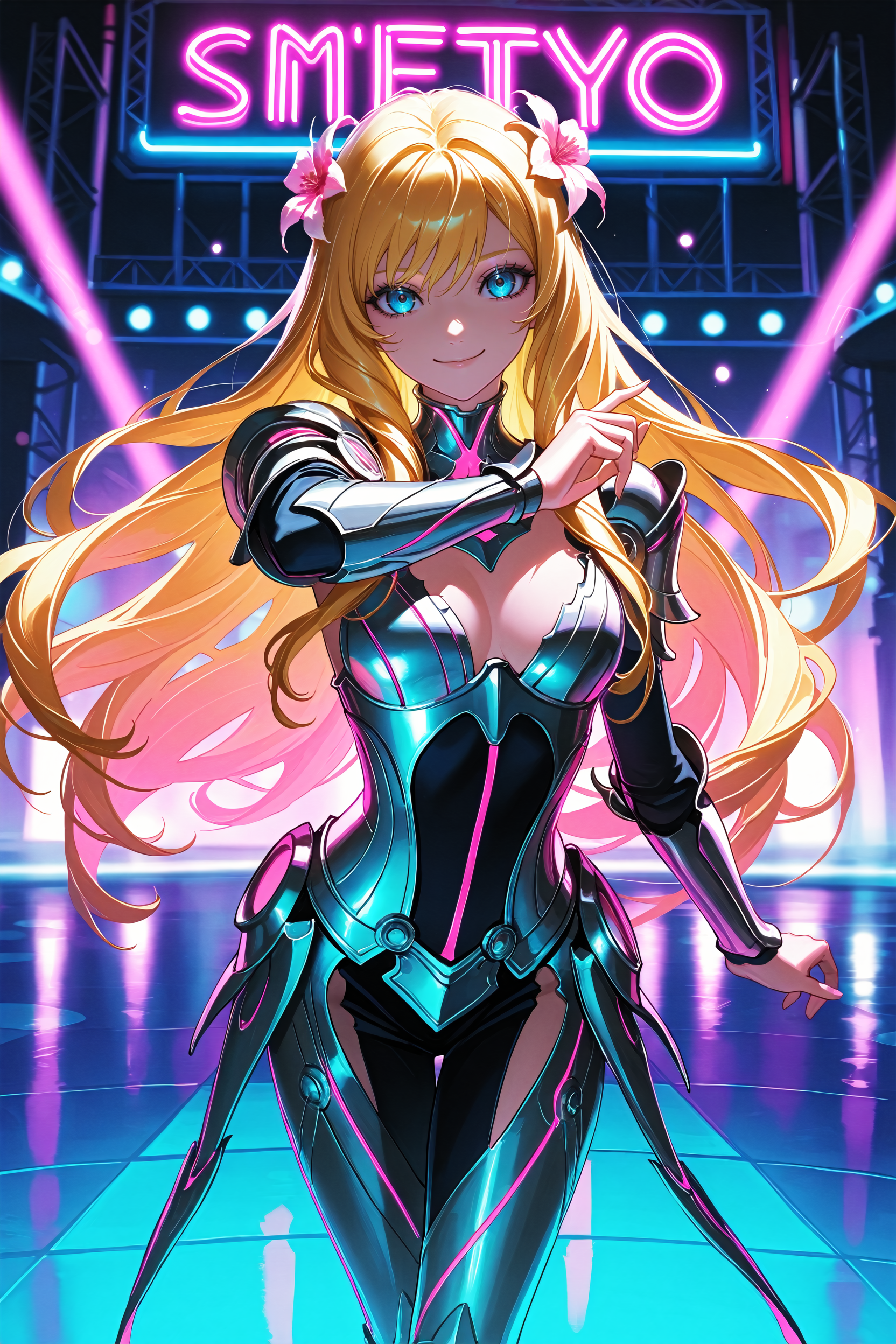 masterpiece, best quality, absurdres,
<lora:SmiteAphrodite:1.0>
SmiteAphrodite, 1girl, long hair, blonde hair, blue eyes, armor, flower, looking at viewer, dancing in a empty disco floor, smiling, with pink and blue neon lights, at night in Tokyo, cinematic light