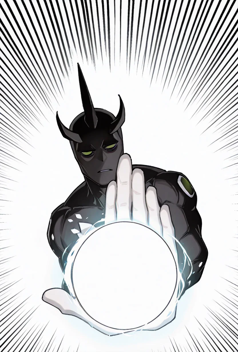 <lora:alienx-09:1> alienx, 1boy, green eyes, horns, matte black skin, full body, dynamic pose, white hands, wide face, white spots on body, <lora:Biden_Blast__Meme_Pose_Concept__IllustriousXL_and_NoobAI:1> bidenblast, half-closed eyes, foreshortening, energy ball, glowing, incoming attack, upper body, parted lips, looking at viewer, , bidenblast, bags under eyes, glowing, energy ball, incoming attack, foreshortening, upper body, closed mouth, looking at viewer, , bidenblast, incoming attack, emphasis lines, glowing, energy ball, foreshortening, upper body, expressionless, parted lips, white background, simple background, looking at viewer, masterpiece, best quality, amazing quality, very aesthetic, absurdres, newest,