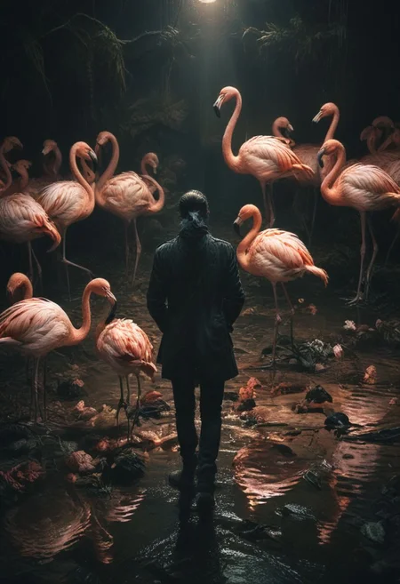 Death & Flamingos , sad environment, Dark, melancholic, Epic, hyper detailed, ultra realistic, top dramatic lights, dynamic shadows
