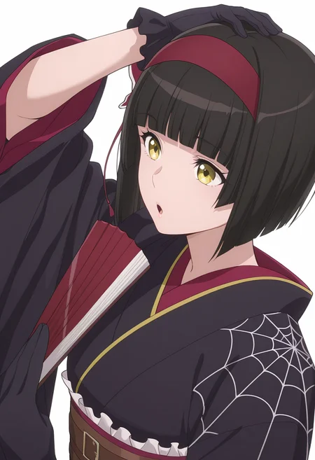 Smooth Quality,masterpiece, ultra realistic,
simple background, white background,
dutch angle,:o,Hand on own head,
 <lora:MioCnn:0.8> Mio/Cnn, 1girl, short hair, bangs, japanese clothes, kimono, yellow eyes, hairband, blunt bangs, black gloves, black hair, spider web print,butterfly hair ornament,folding fan,