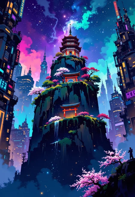 aidmafluxpro1.1, abstract style of Bruce Holwerda,
anime_martz, 3pic_vist4,
A surreal view of a futuristic nighttime metropolis. In the middle of the city there is a high table mountain with steep cliffs. On the plateau of the mountain there is a cozy Japanese garden with an ancient Japanese temple, red gate, cherry blossoms and green bushes. The mountain is surrounded on all sides by cyberpunk skyscrapers with neon signs in all colors of the rainbow. The temple on the mountain is illuminated to stand out against the night sky. The garden seems ghostly and mystical. The sky is littered with stars and swirling galaxies. A fantastic landscape.
i11ustmin Illustration