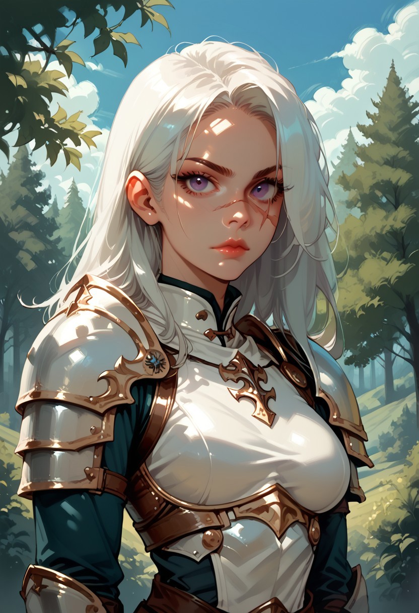 1girl, armor, scar, solo, scar on face, white hair, long hair, hair over one eye, looking at viewer, purple eyes eyes, outdoors, upper body, breastplate, medium breasts, shoulder armor, tree, makeup, lip gloss, day, scar across eye, sky, , cloud, , shoulder plates, pauldrons, breasts, nature, eyelashes, scar on nose, scar on cheek, closed mouth, forest, blue sky, one eye covered
,  <lora:Ri-MIX_A_Illustriousv2-000009:1> rimixa,, looking at viewer,, , score_9, score_8_up, score_8_up,