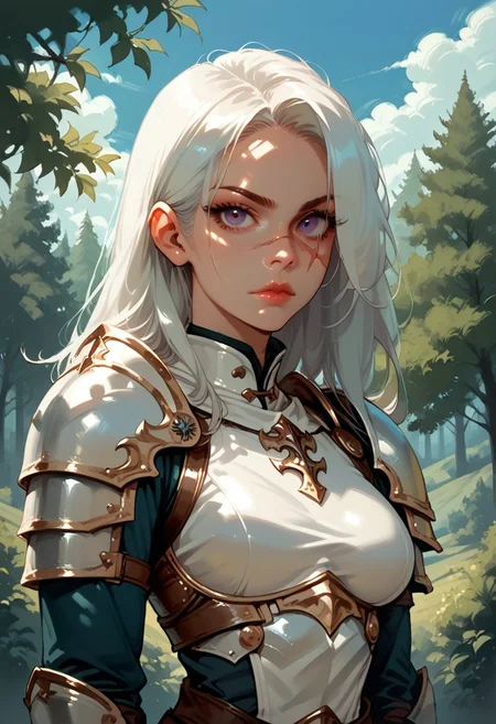 1girl, armor, scar, solo, scar on face, white hair, long hair, hair over one eye, looking at viewer, purple eyes eyes, outdoors, upper body, breastplate, medium breasts, shoulder armor, tree, makeup, lip gloss, day, scar across eye, sky, , cloud, , shoulder plates, pauldrons, breasts, nature, eyelashes, scar on nose, scar on cheek, closed mouth, forest, blue sky, one eye covered
,  <lora:Ri-MIX_A_Illustriousv2-000009:1> rimixa,, looking at viewer,, , score_9, score_8_up, score_8_up,
