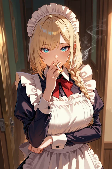 masterpiece, best quality, absurdres, safe
1girl, holding cigarette, smoking, [ arm under breasts, ::0.1] looking at viewer, maid apron, 
<lora:cigarette_kiss_il_2_v4_d32_final:1>