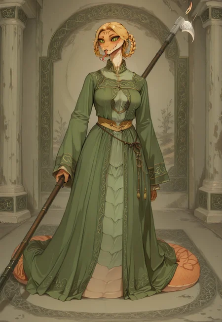 masterpiece,best quality,amazing quality, indoors, pillar
<lora:Anthropomorphic_snakes_Naga:1> anthropomorphic_snakes_(naga),
ry4, blonde hair, braid, green eyes, braided hair rings, mole under mouth, slit pupils, solo
green dress, wide sleeves
smile, forked tongue, long tongue, tongue out, closed mouth, siiesfrtdeer, looking at viewer, grin, smug,
black aura, black energy, blood stain, casting spell, fighting stance, dynamic pose, foreshortening, standing, holding scythe, flaming weapon, menacing, full body,
dynamic pose, dutch angle, dynamic angle
<lora:Rya:1>, <lora:forkedtongue_Illust_v1:1>, <lora:Chinoiserie_Illu_Style:1> Chinoiserie, no humans, colored skin, fangs, facial mark, slit pupils, furry, colored sclera, black sclera, snake, scales, furry female, multicolored skin, snake girl, alien, lamia, squama, Snakegirl, Chinoiserie, <lora:reptiloids_sdxl_v05_495-15-0:0.4> reptiloid, snake head,