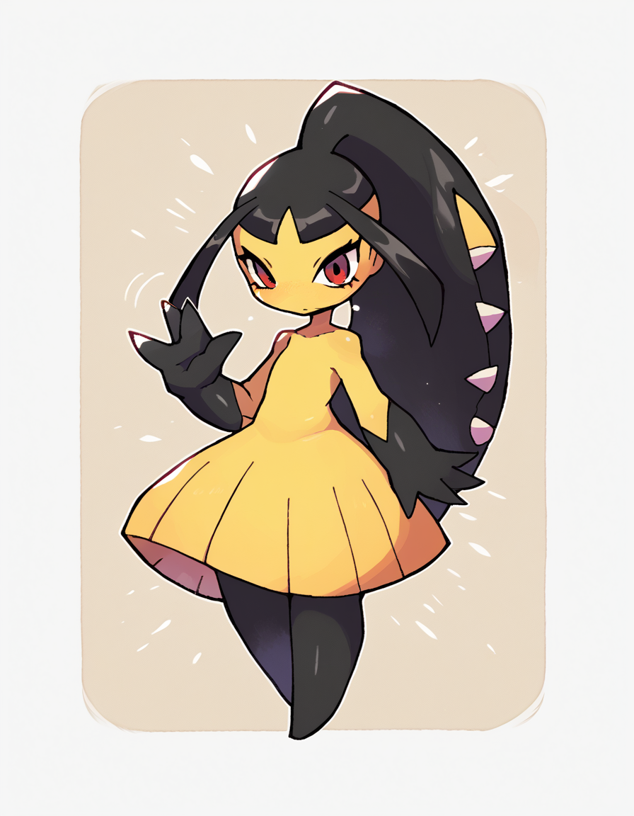zPDXL, score_9, score_8_up, score_7_up, source_anime, 1girl, solo, 
<lora:Mawile_v2:0.8> mawile, pokemon \(creature\), red eyes, colored skin, extra mouth, multicolored skin, yellow skin, two-tone skin, black skin, ponytail, waving, <lora:rariatto:0.8> rariatto