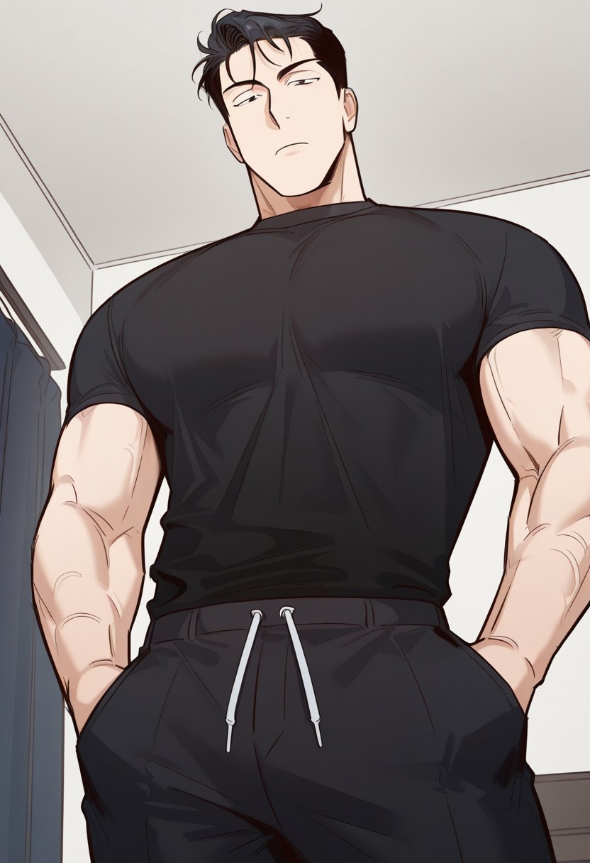 masterpiece, best quality, newest, absurdres, highres, male, bara, male focus, 1boy, muscular, v-taper, long torso, narrow waist, v-line,

BGW, black hair, black eyes, black shirt, hands in pocket, see-through clothes, black pants, view from below, low angle, confident expression, nighttime, bedroom