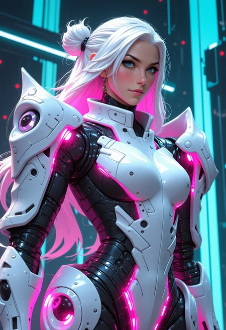 Close up shot of a futuristic female with white blonde hair, wearing white and pink glowing mecha armor, standing inside a futuristic spacestation, robotic arms:1.2), masterpiece, best quality, highly detailed, sharp focus, dynamic lighting, mythp0rt realistic cartoon