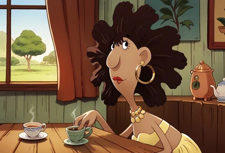 score_9, score_8_up, score_7_up BREAK MrgMLO, 1girl, brown hair, black eyes, lipstick, gold earrings, gold necklace,  strapless yellow bra, raffia skirt, drinking tea, island hut indoors, tea time,