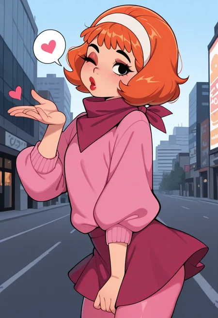 masterpiece, best quality, amazing quality, 1girl, solo, Daphne_Pup, orange hair, black eyes, Pink sweater, dark pink neckerchief, white hairband, dark pink skirt, pink tights, cowboy shot, outdoors, city, holding lipstick, red lips, blowing kiss, wink, one eye closed, spoken heart,