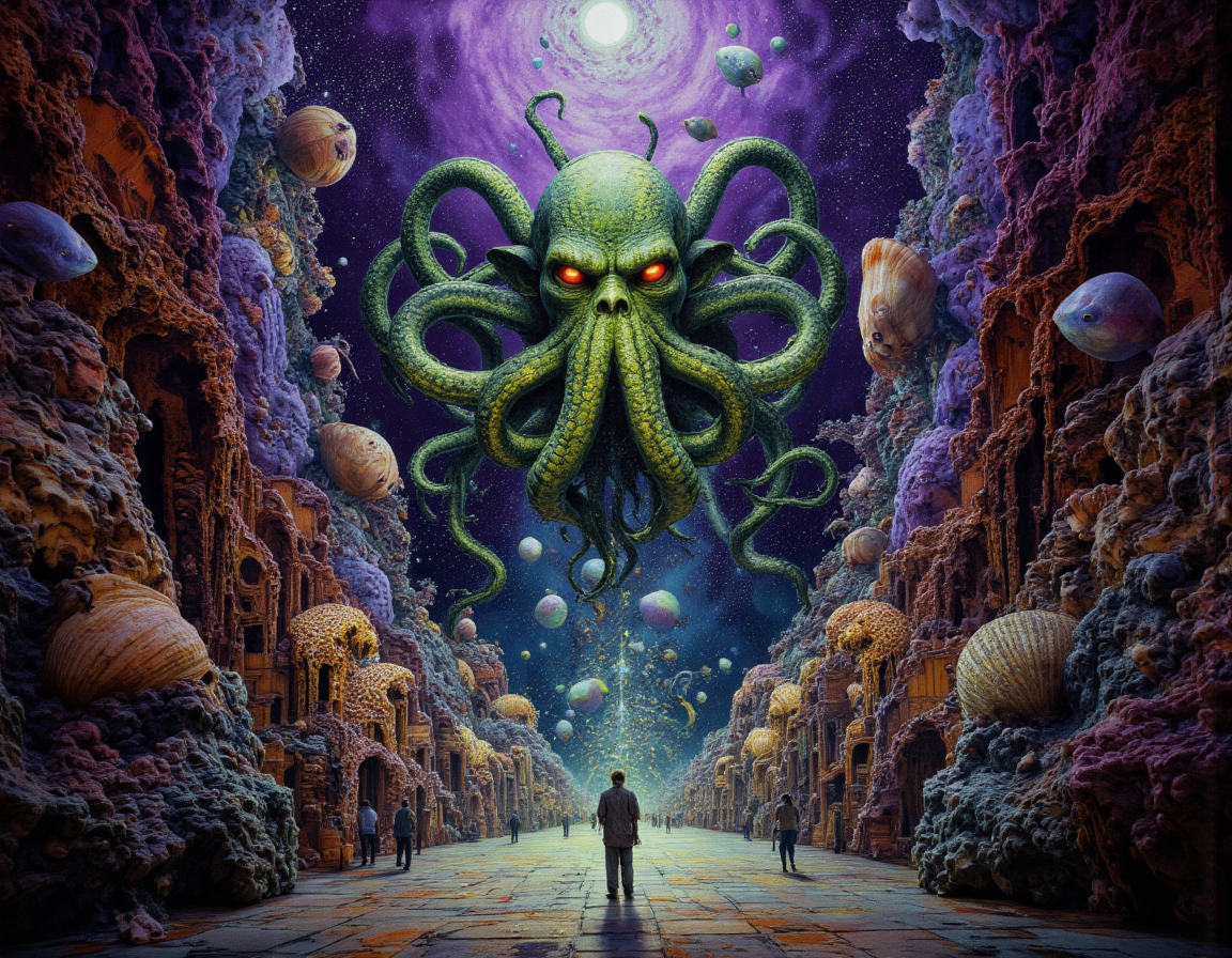 <lora:{psychedelic, }psychedelic-000018:0.6> psychedelic, A surreal, dreamlike painting set in a mystical, underwater city, inspired by the works of H.P. Lovecraft, featuring a central figure of Cthulhu, the Great Old One, with scaly, green skin, bulging, red eyes, and tentacles writhing like living serpents, rising from the depths of the ocean. The cityscape is a twisted, psychedelic landscape of coral, shells, and cyclopean architecture, with buildings that seem to defy gravity and melt like wax. The lighting is an otherworldly, ethereal glow, with shades of purple, blue, and green, casting an eerie, unsettling atmosphere, as if the very fabric of reality is warped and distorted. Schools of bioluminescent fish dart through the streets, leaving trails of glittering, shimmering light, while giant, floating eyeballs drift through the air, watching and waiting. Cthulhu's massive, tentacled form dominates the scene, its eyes blazing with an malevolent, eldritch power, as it summons forth a maelstrom of aquatic horrors from the depths of the abyss. The painting is a vibrant, kaleidoscopic explosion of color and texture, with intricate, swirling patterns and shapes that seem to shift and writhe like living things. The overall mood is one of creeping, cosmic horror, as if the viewer is glimpsing a forbidden, sanity-blasting realm that lurks just beyond the veil of reality. The image features a shallow depth of field, with Cthulhu's form sharp and focused, while the surrounding cityscape blurs and distorts, like a madman's fever dream. . 35mm photograph, film, bokeh, professional, 4k, highly detailed