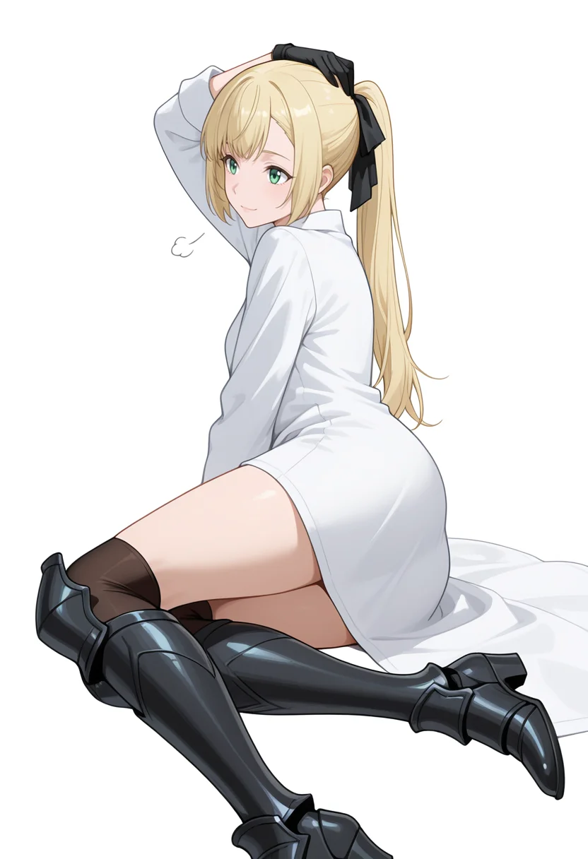 Smooth Quality,masterpiece,very intricate, high quality details, ultra realistic, high detailed skin,detailed enviorement,absurdres,
simple background, white background, 
from behind,lying on side, one arm supporting head, relaxed legs, soft smile, casual vibe,  ,sigh,
 <lora:Rituscnn:0.8> rituscnn, 1girl, blonde hair, green eyes, long hair, ponytail,shirt, white shirt, coat,black gloves, hair ribbon,armored boots,