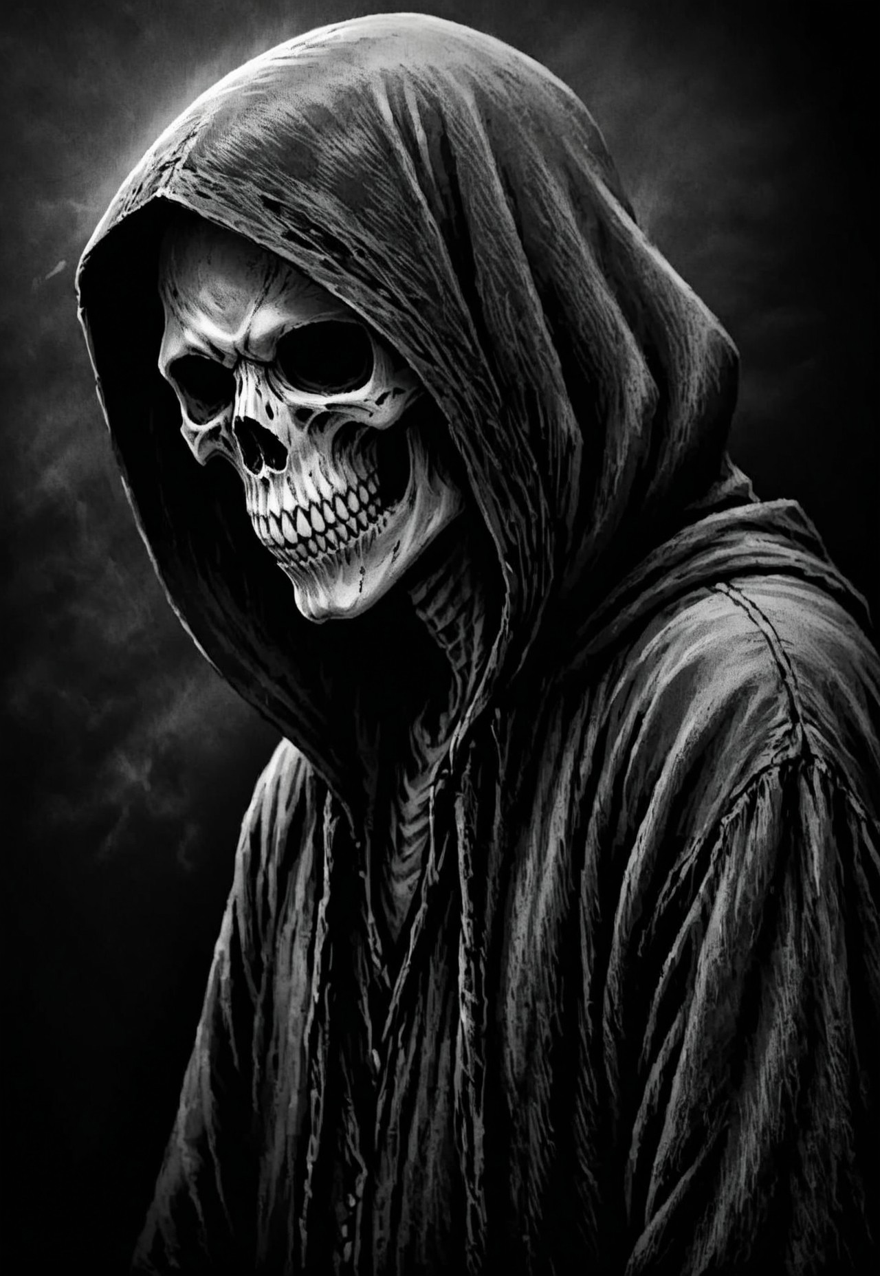 UHD, 4k, ultra detailed, cinematic, a photograph of  
Grim Reaper a person in a hoodie with a skull on his face, horror movie themed, sharp, detailed, epic photography, artistic, creative, dramatic light, cinematic style, film style, Grim Reaper style, solo, simple background, 1boy, monochrome, greyscale, male focus, teeth, hood, from side, profile, mask, black background, hood up, upper body, skull mask
, epic, beautiful lighting, inpsiring