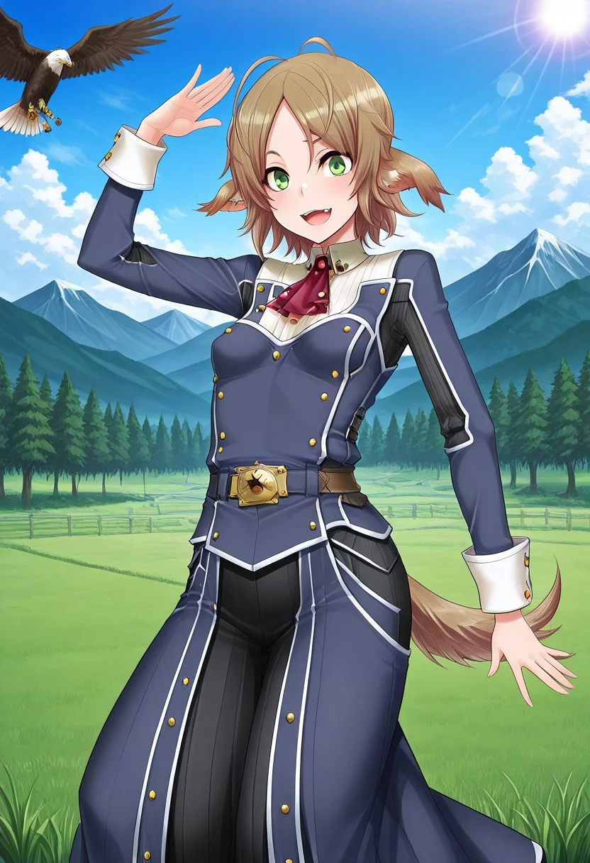 (1girl, solo) noa riads, animal ears, Green Eyes, tail, brown hair, short hair, Pretty eyes, , 1girl, solo,, brown hair,, fluffy tail, ahoge, animal ears, dog ears, small breasts, swept bangs , green eyes, animal ears, tail, , ,
Eye focus , shiny skin, shiny body, shiny hair, (best quality) , (highly detailed) ,((masterpiece)), ((best quality)), (ultra-detailed), ((extremely detailed)), (high resolution), 4K, (8K), best quality, (beautiful), (dynamic lighting), (super detailed skin), sharp focus,detailed eyes、detailed face and detailed skin detailed eyes、detailed face and detailed skin, , clear skin, shiny hair, ultra detailed eyes, depth of field, sharp, intricate details, hyperdetailed, ,
, best quality, (beautiful), (dynamic lighting) motion lines, goggles white collared shirt Chokha,Caucasus clothes,,wearing red Chokha, solo, male focus, solo, mountain,tree,sun,Flying Eagle,meadow,cloudy sky,blue sky, day,standing, long sleeves, dancing, fighting stance, red Long sleeves,long hem,belt,knife,weapon,bullet clip-like decorations on both sides of the chest , one arm up
,, shindol style