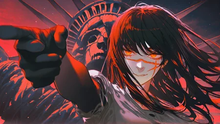 artist:yoneyama mai,artist:john kafka,artist:wanke,artist:ask \(askzy\),deep glow effect,cinematic lighting,dramatic lighting,light particles,dark theme, best quality,amazing quality,very aesthetic,absurdres,beast quality,masterpiece, solo, yoru \(chainsaw man\), <lora:Yoru_Illustration:1>, yoru, statue_of_liberty monster background, finger_gun, black_arm_garter, long hair, black hair, scar on face, red eyes, ringed eyes, finger_gun sideways, pants, white_shirt,