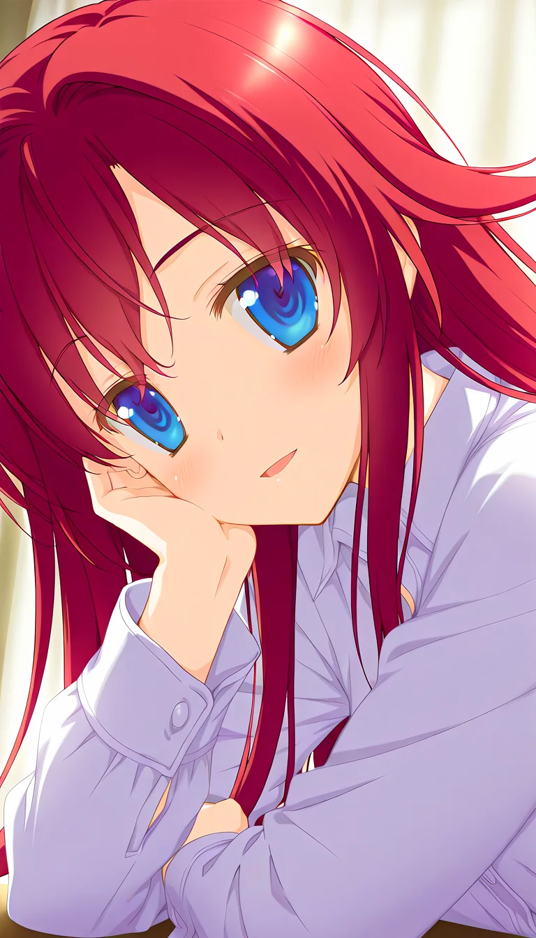 masterpiece, best quality,highres,absurdres, 1girl,solo, <lora:favSKIL:0.9>,favSK,light smile,long hair,upper body,
looking at viewer,open mouth, blue eyes, head rest,dress shirt, red hair,