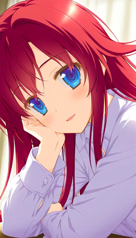 masterpiece, best quality,highres,absurdres, 1girl,solo, <lora:favSKIL:0.9>,favSK,light smile,long hair,upper body,
looking at viewer,open mouth, blue eyes, head rest,dress shirt, red hair,