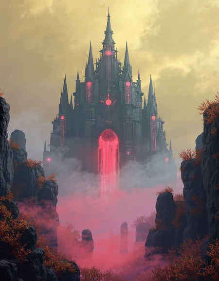 A wide-screen landscape on another planet, enveloped in a dense, neon-colored fog that blankets the entire scene with a surreal, glowing haze. The fog pulses in shades of grey-yellow, red, and beige, casting an otherworldly light across the terrain. Jagged, alien rock formations rise from the ground, their sharp edges softened by the mist. The landscape is barren, with patches of luminous vegetation glowing faintly in the distance, adding an ethereal quality to the alien world. In the center of the scene, towering above the mist, looms a massive, foreboding sci-fi fortress that resembles a hybrid between a medieval prison and a dystopian citadel. Its immense, monolithic structure is reinforced with thick, obsidian-like walls lined with pulsating red and violet energy barriers. Jagged spire-like towers rise ominously into the sky, each adorned with glowing runes and harsh, angular metal plating. The architecture is brutally functional, built for confinement and control, with massive barred windows, heavy blast doors, and towering watchtowers scanning the terrain with piercing searchlights. The fortressâs central keep is a grotesque fusion of gothic arches and cold, industrial machinery, its surface bristling with antennae, exposed conduits, and alien security systems. A series of colossal chains extend from its highest towers, vanishing into the dense fog as if anchoring the structure to unseen forces. Below, a deep chasm surrounds the fortress, filled with shifting, luminescent mist that swirls ominously around the base. The entire structure radiates a menacing presence, standing as a grim monument to control, imprisonment, and an ancient, unyielding authority. The painting is in the style of umesky. <lora:ume_sky_v2:1>