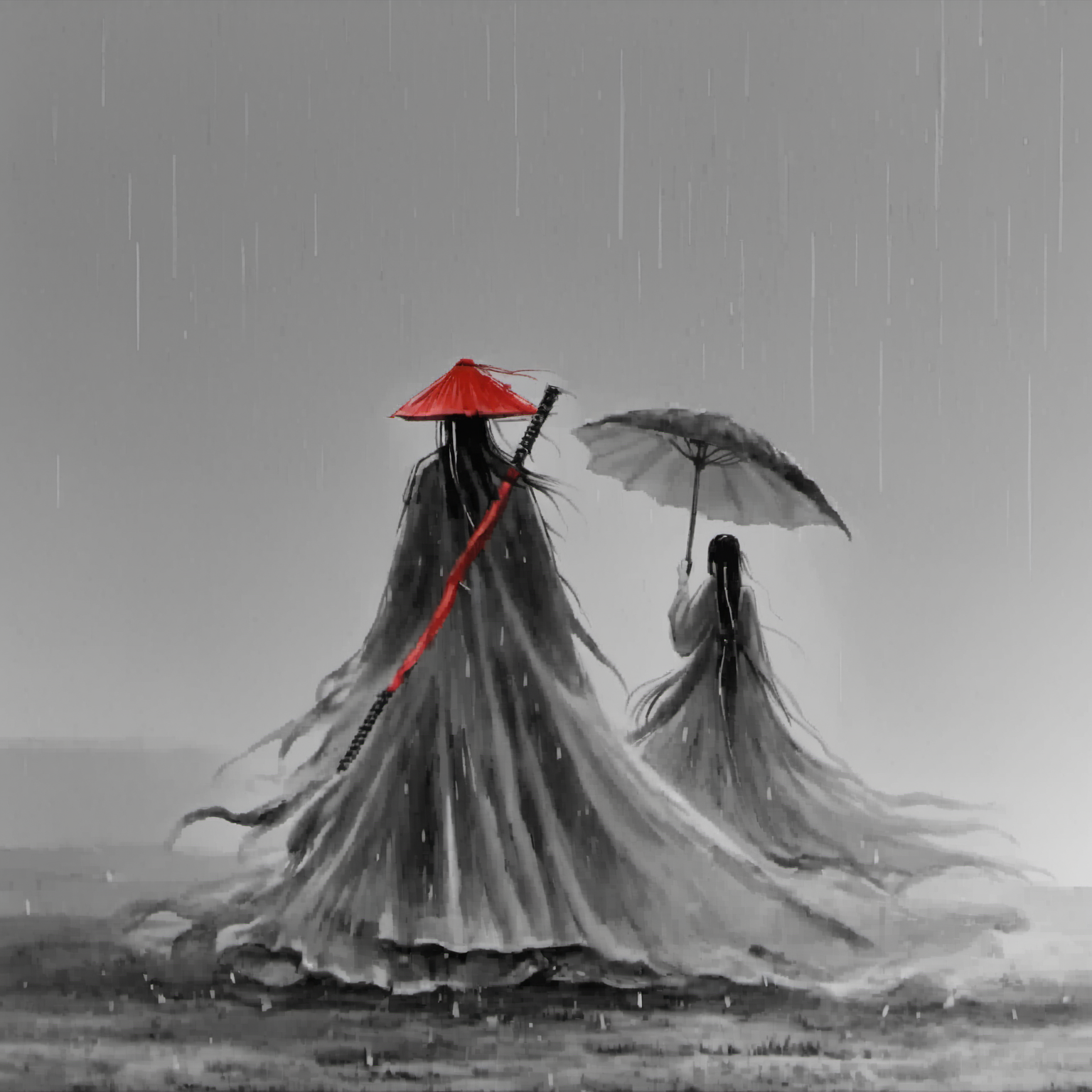 <lora:ink_xiakexing_xl:0.8>,1girl,red dress,dragon,ink painting,
ink painting,a man in coir raincoat holding an umbrella in the rain with a woman in the background walking in the rain,1girl,long hair,1boy,hat,standing,monochrome,weapon,greyscale,sword,from behind,letterboxed,cloak,black hair,male focus,katana,rain,weapon on back,ajirogasa,