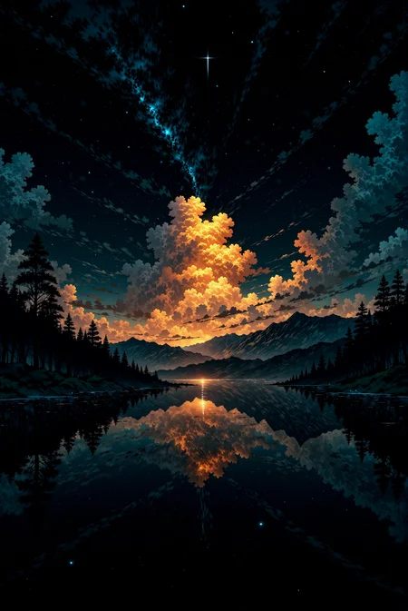 <lora:Anime_Sky:1.5> AnimeSky style. (Vibrant sky with an intense extravaganza of various intricate clouds :1.2). The image is a digital illustration in the style of digital fantasy art, depicting a breathtaking, starlit scene of a serene, mirror-like lake surrounded by a forested landscape. The lake's surface is a perfect reflection of the vibrant sky above. The sky is a gradient of dark navy blue transitioning to a deep indigo at the top, speckled with countless stars and a shooting star streaking diagonally from the upper right corner towards the left. Above the horizon, the sky is ablaze with a spectacular display of orange, yellow, and pink clouds, reminiscent of a sunset or sunrise, creating a warm glow. These clouds are depicted with a swirling, dynamic texture, suggesting motion and depth. On the left side of the image, a line of tall, dark silhouetted trees stretches across the horizon, their tops barely visible. The right side of the image shows a slightly more rugged terrain, with dark silhouettes of trees and distant mountain ranges.