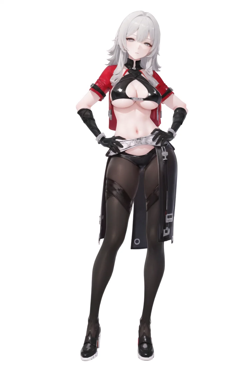 8k, best quality, masterpiece, (ultra-detailed:1.1), (high detailed skin), 
(full body:1.4), white background, standing, looking at viewer, (solo:1.4), hand on hip, 
<lora:Helia-v100-000011:0.8>, Helia, 1girl, gloves, long hair, grey hair, navel, breasts, <lora:00000batlingerie:0.8>, bat lingerie, cleavage, underboob, 
full_shot, 
(white background, simple background:1.3), 
(beautiful_face), ((intricate_detail)), clear face, 
((finely_detailed)), fine_fabric_emphasis, 
((glossy)), full_shot,