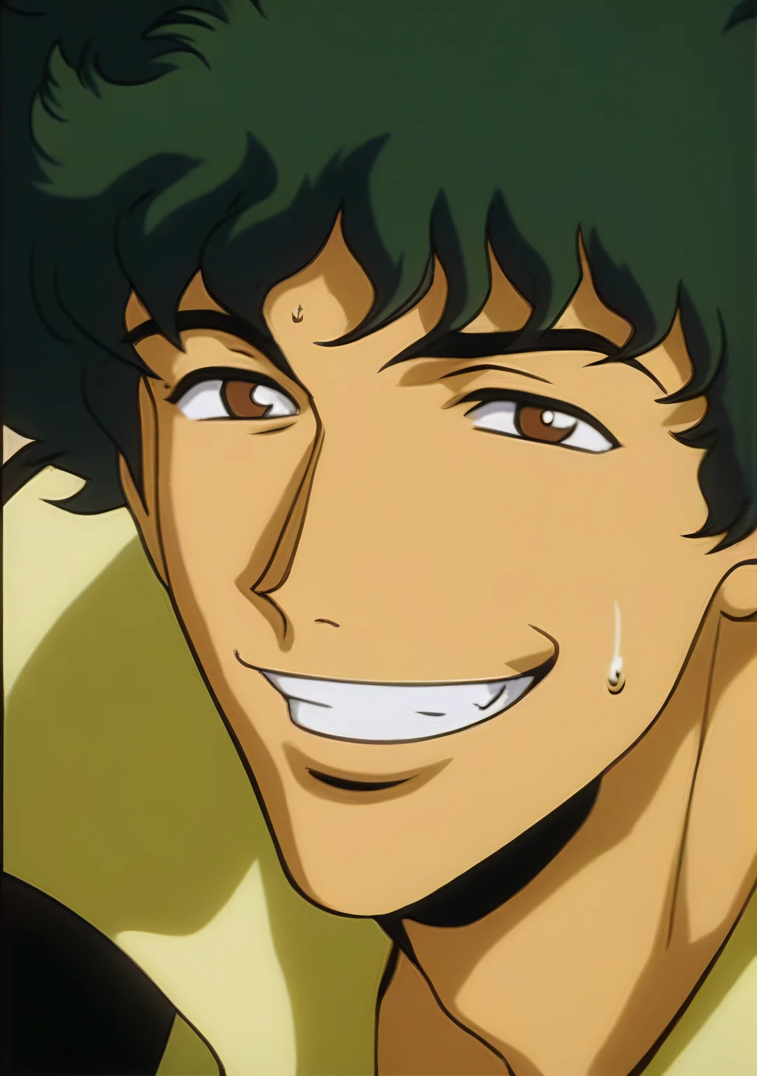 Spike Spiegel,brown eyes solo,smile,simple background,black hair,1boy,brown eyes,male focus,sweat,green hair,grin,portrait,close-up,retro artstyle,1990s (style),masterpiece,oldest <lora:Spike:0.7>