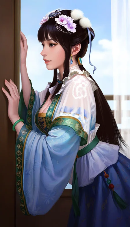 masterpiece,best quality,amazing quality,
<lora:wangyuanjiNAI:1>,wangyuanji,realistic,
1girl,solo,black hair,blunt bangs,updo,low ponytail,white scrunchie,hair ornament,white hair pom pom,purple hair flower,blue hair ribbon,blue earrings,
grey eyes,
necklace with blue gem,lace collar,short sleeve sheer cardigan,blue chest-high skirt,blue detached sleeves with green trim,white waist sash,green waist belt,green waist belt,
looking away,leaning forward,(from side:1.4),leaning on window,hands on window frame,blue sky,cloud,window,indoors,sheer curtains,depth of field,soft lighting,light particles,fog,