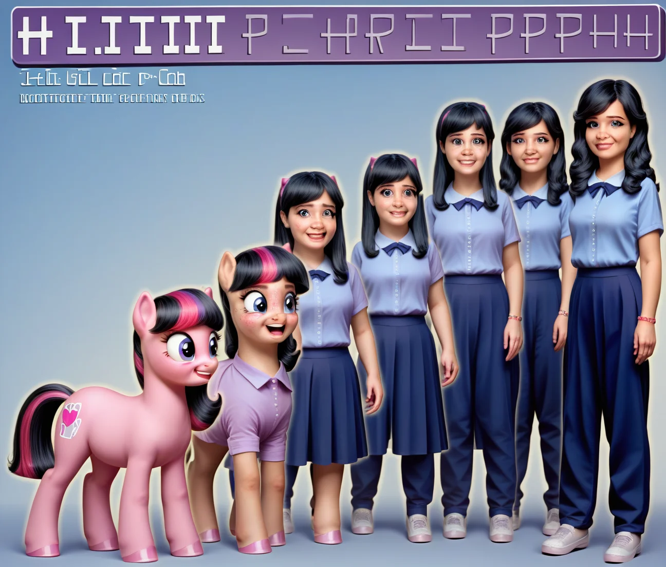 score_9, score_8_up,
<lora:Animorph_-_pony:1> animorph,((human female(black hair, school clothes, nerdy)) ,morph, ((buttercup(mlp, pony)), left to right transformation, multiple people, 4 stage transformation, gradual transformation, book cover negativeXL_D