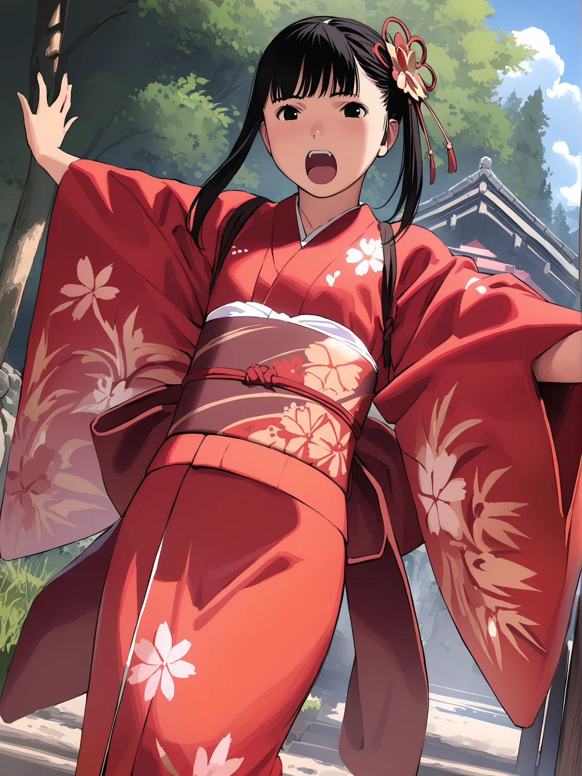 masterpiece, best quality, high quality, aesthetic, absurdres, insanely detailed,
1girl, red kimono, black hair, day, black eyes, sky, sash, hair ornament, obi, tree, open mouth, looking at viewer, cloud, outdoors,
<lora:takamichi-style-xl_v1.0:1>
