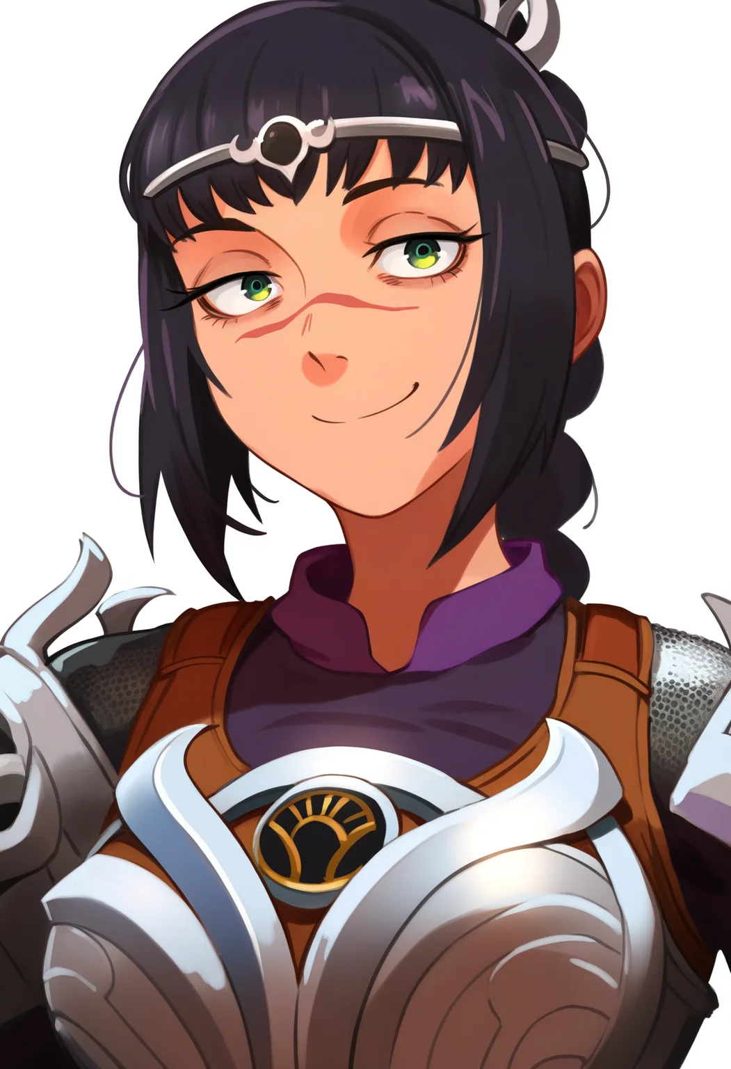 khyleri,
best quality, amazing quality, very aesthetic, absurdres,
BREAK
1girl, solo, shadowheart, black hair, braided ponytail, green eyes, scar on face, circlet, armor, large breasts,
smile, looking at viewer, upper body, simple background, white background <lora:ShadowHeartIllustrious_byKonan:0.8> <lora:KhyleriNoobLocon_byKonan:1>