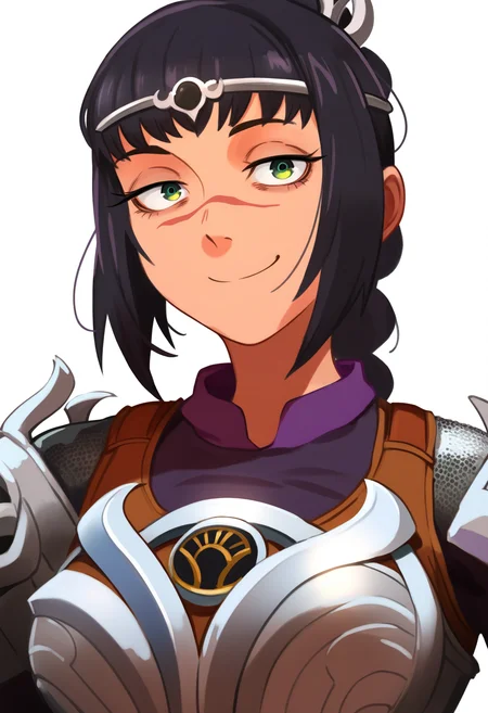 khyleri,
best quality, amazing quality, very aesthetic, absurdres,
BREAK
1girl, solo, shadowheart, black hair, braided ponytail, green eyes, scar on face, circlet, armor, large breasts,
smile, looking at viewer, upper body, simple background, white background <lora:ShadowHeartIllustrious_byKonan:0.8> <lora:KhyleriNoobLocon_byKonan:1>