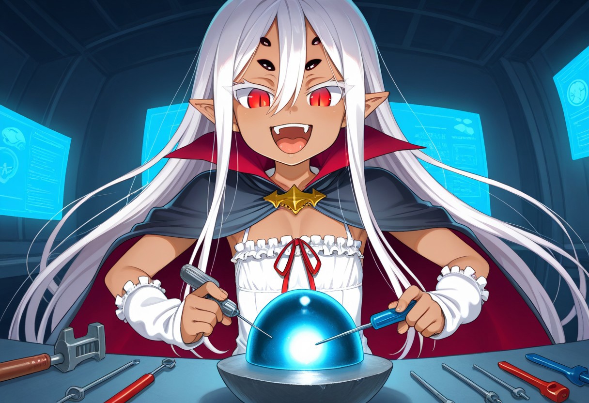 ((taimanin anemone, spider girl, dark-skinned female, expressive face, very long white hair, hair between eyes, pointy ears, red eyes, slit pupils, 6extra dark eyes, flat chest, white short dress, front chest ribbon, long black cape, white fingerless arm warmers)):1.3),
(1girl, solo, happy, mouth, open teeth, dumb face),
((demon_core, meme_demon_core, meme, screwdriver, holding screwdriver, blue light, blue radiation, ):1.3),
(score_9, score_8_up, score_7_up, score_6_up, masterpiece, best quality, newest, amazing quality, highres, enhanced colors, colored shadows, smooth edges, dynamic angle, wide shot, blending)