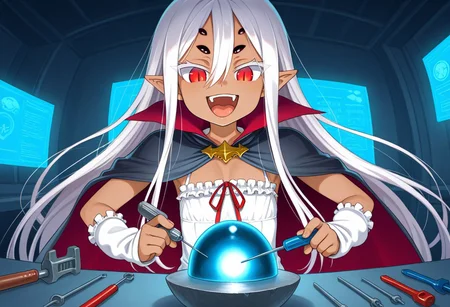 ((taimanin anemone, spider girl, dark-skinned female, expressive face, very long white hair, hair between eyes, pointy ears, red eyes, slit pupils, 6extra dark eyes, flat chest, white short dress, front chest ribbon, long black cape, white fingerless arm warmers)):1.3),
(1girl, solo, happy, mouth, open teeth, dumb face),
((demon_core, meme_demon_core, meme, screwdriver, holding screwdriver, blue light, blue radiation, ):1.3),
(score_9, score_8_up, score_7_up, score_6_up, masterpiece, best quality, newest, amazing quality, highres, enhanced colors, colored shadows, smooth edges, dynamic angle, wide shot, blending)