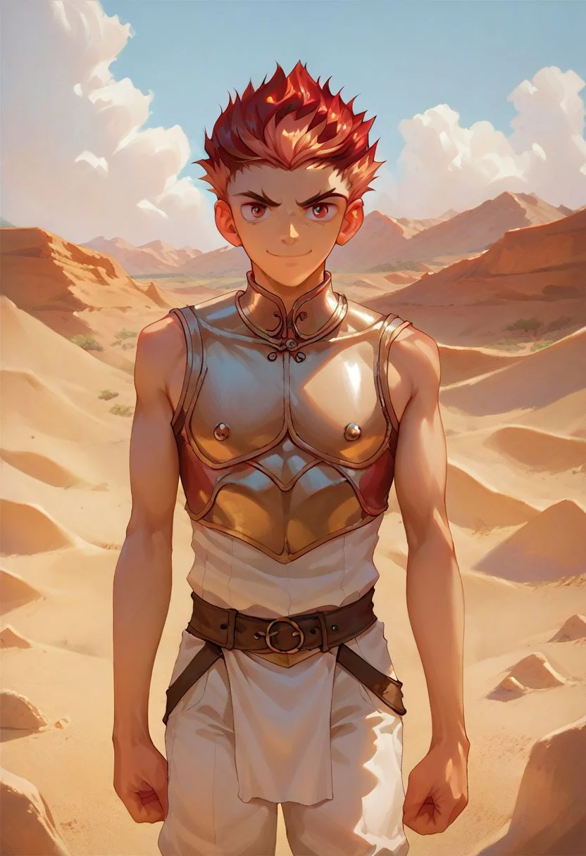 score_9, score_8_up, score_8_up, 1boy, handsome twink, masterpiece, gold and crimson hair, crimson eyes, medieval clothing, medieval pants, medieval shirt, detailed cloth clothing, detailed background, flat desert background, sandy desert, standing up, taiga, neutral expression, light smile, light tan