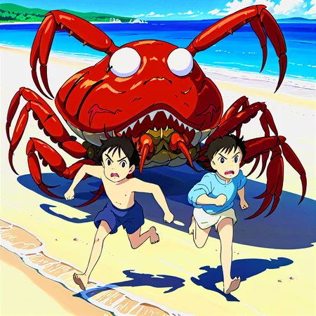 Dressed for swimming teenagers ((boy and girl)) are running fast from a giant evil crab on the seashore, <lora:animagineXL-v8:1>, ghibli art style, <lora:add-detail-xl:2>