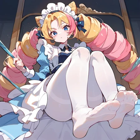 score_9, score_8_up, score_7_up, score_6_up, score_5_up, score_4_up,
1girl, blue eyes, multicolored hair, blonde hair, pink hair, twin drills, maid headdress, feet, white pantyhose,
 <lora:gwen_cafe_cuties_pony_v1:1>