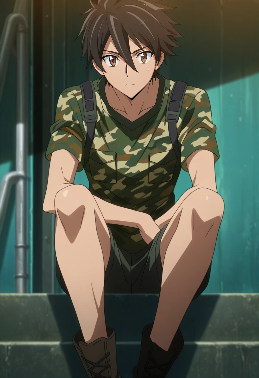 masterpiece, best quality, , anime screencap, , , , 1boy, solo, male focus, <lora:takashi_komuro_ilxl:0.92>, takashi_komuro, black hair, brown eyes, short hair, hair between eyes, , Sweatshorts, Camouflage shirt, Work boots, Tam o' Shanter,