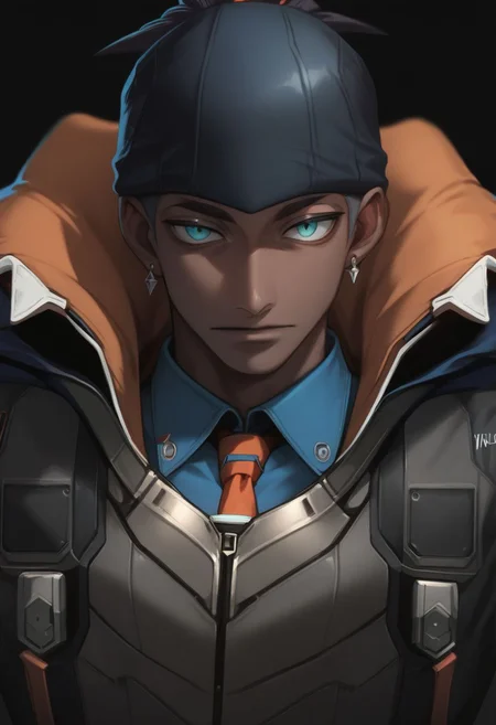 score_9, score_8_up, science fiction, exploration bodysuit, solo, 1boy, male focus, dark-skinned male, looking at viewer, raihan_hat, hoodie, collared shirt, earrings