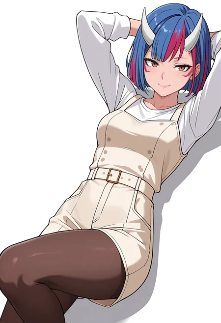 Smooth Quality,masterpiece,very intricate, high quality details, ultra realistic, high detailed skin,detailed enviorement,absurdres,
simple background, white background,
lying, hands behind head, knee bent, relaxed, casual,  ,dynamic angle,naughty face,
peplum top,  ,pinafore top,  ,pantyhose,  ,
 <lora:Gobwa_cnn:0.8> gobwacnn,1girl, short hair,blue hair, multicolored hair, facial mark, streaked hair,white horns, brown eyes,