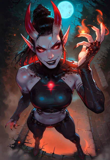 safe_pos, score_9, score_8_up, score_7_up, outdoors, dark, night, fog, dark, solo, 1girl, demon girl, horns, black hair, ponytail, black lipstick, pale skin, grey skin, pointy ears, red eyes, red nose, long nails, black nails, thigh high heels boots, living suit, symbiosis, slim fit, wide hips, midriff, sexy legs, legs apart, magic, glowing, looking at viewer, posing, smirk, standing, above view, angle, foreshortening
