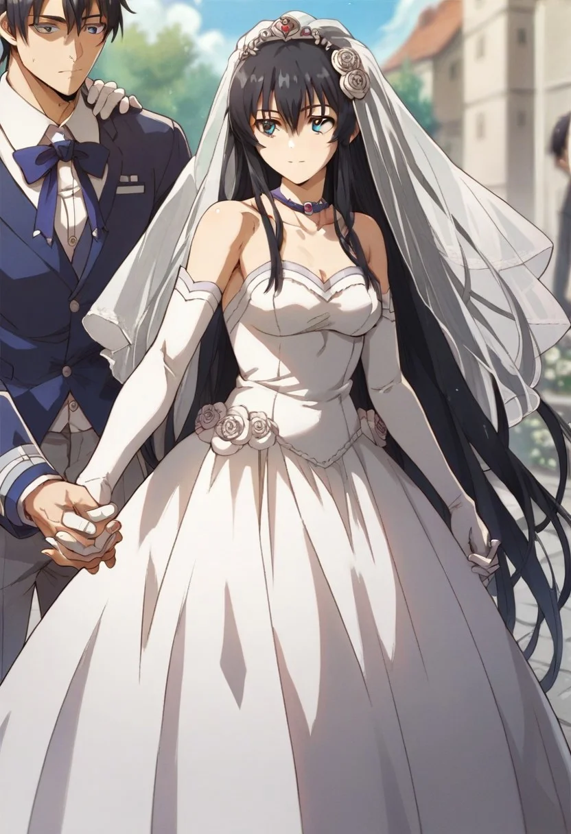 score_9_up, score_8_up, score_7_up, source_anime, LUVELIA SANCTOS, 1girl, long hair, black hair, hair ornament, gloves, 1boy, dress, very long hair, solo focus, elbow gloves, white dress, holding hands, wedding dress