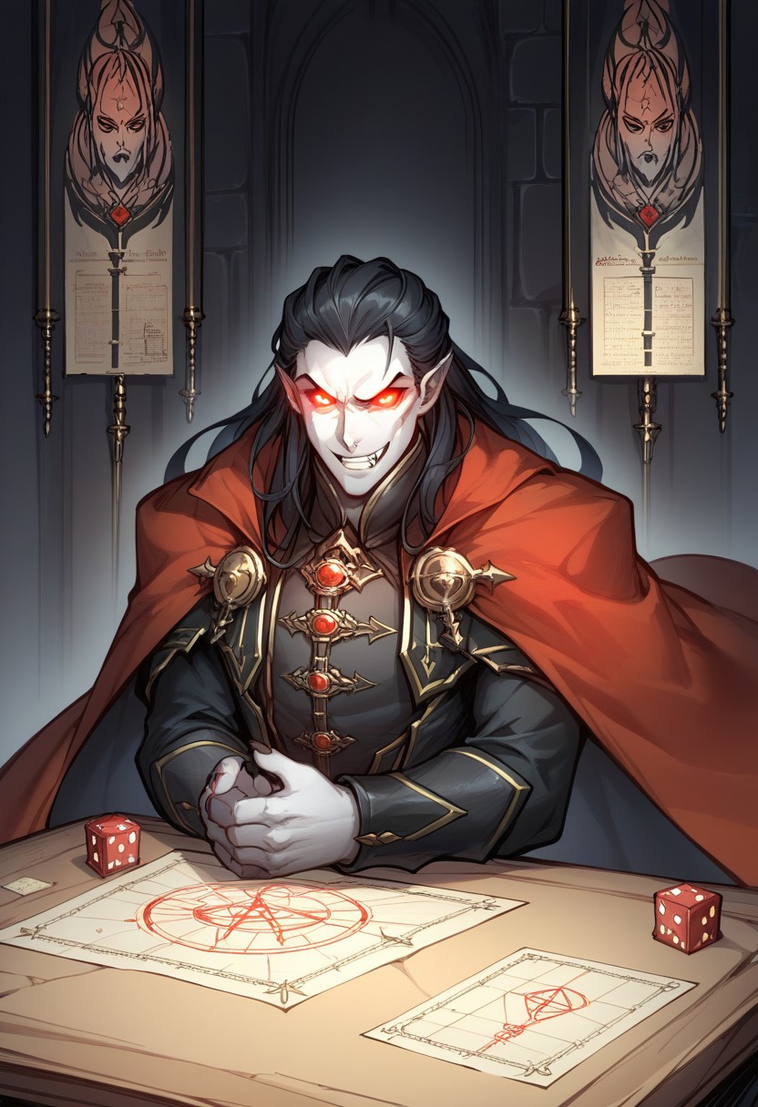 source_anime, score_9, score_8_up, solo, male focus, <lora:clamStrahdPDXL_v12:1> Strahd, vampire, long hair, red cape, upper torso, glowing eyes, volumetric lighting, black background, caricature,  dungeon master, dungeons and dragons, sat behind table, behind dungeon master screen, highly detailed, vfx, polyhedral dice, d20, maps, hands out, evil grin